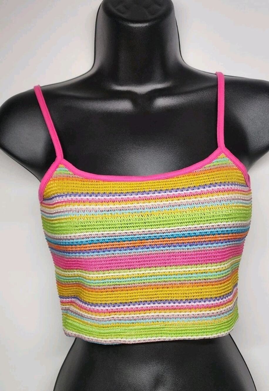 Rainbow Striped Ribbed Knit/Crochet Festival Tank/halter Top XSmall 26" Chest